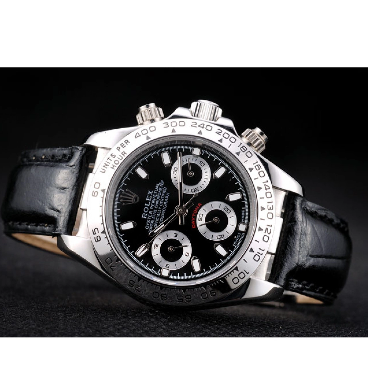 Aaa replica watch Black Tachymeter Strap Rolex Dial Black Lady Daytona Case Leather Steel Stainless 0514